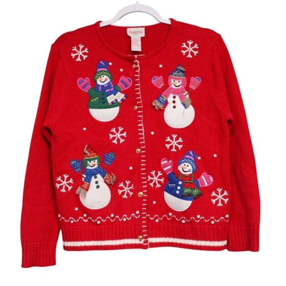 Vintage 90s Cardigan Sweater Small Petite Colorful Snowman Holiday Winter Ramie - Picture 1 of 11